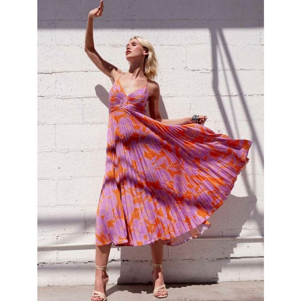 ASTR The Label Blythe Midi Dress Orange Purple Floral cocktail Brunch size S NWT